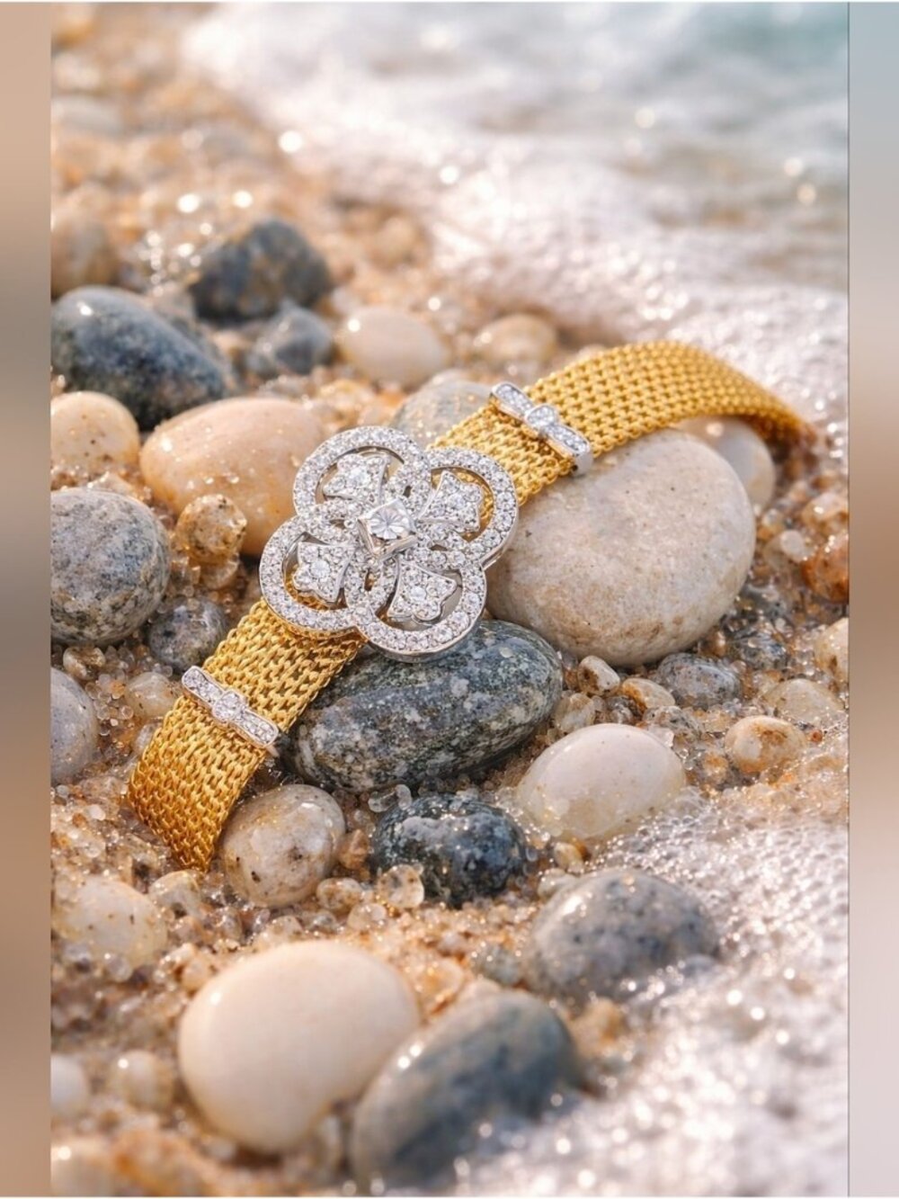 Gold Mesh Bracelet with Crystal Floral Emblem